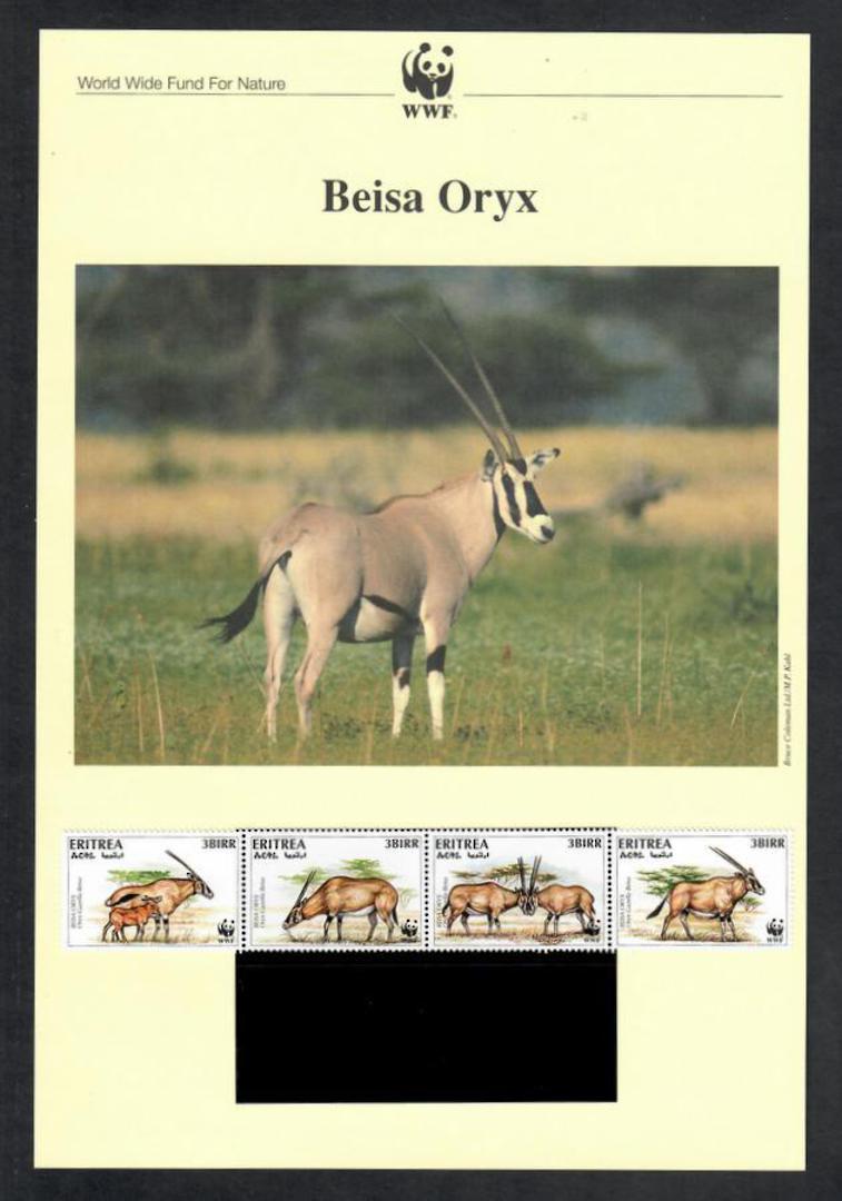 ERITREA 1996 World Wildlife Fund. Beisa Oryx. Set of 4 in mint never hinged and on first day covers with 6 pages of official tex image 0