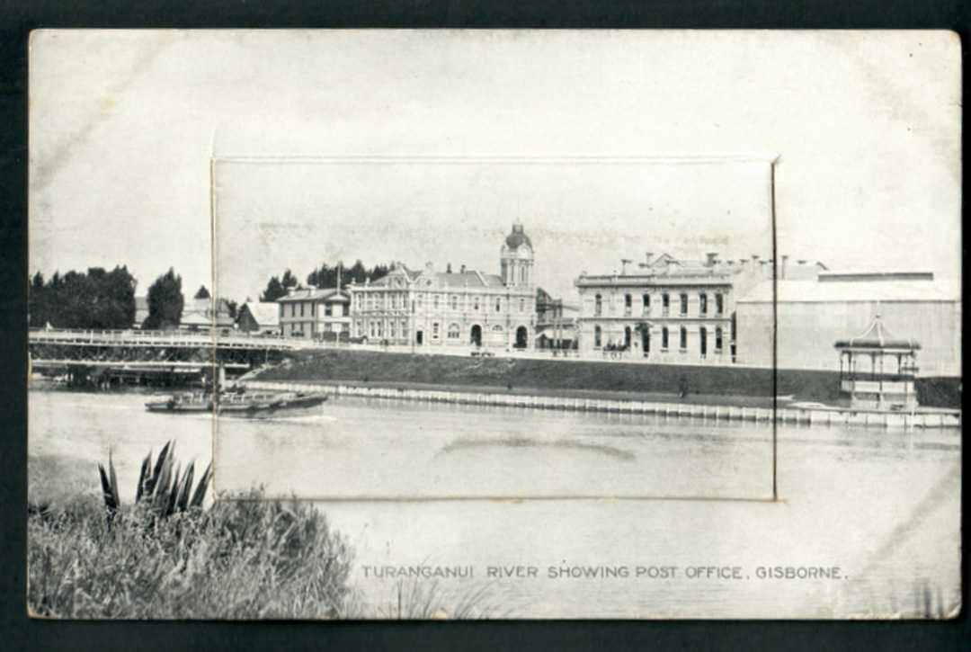 Postcard of Turananui River and Post Office Gisborne. Pocket Novelty Card. - 48188 - Postcard image 0