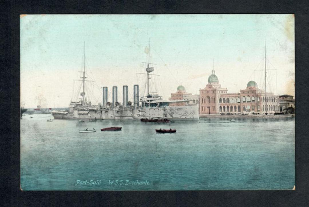 Coloured postcard of WSS Bacchante at Port Said. - 40242 - Postcard image 0