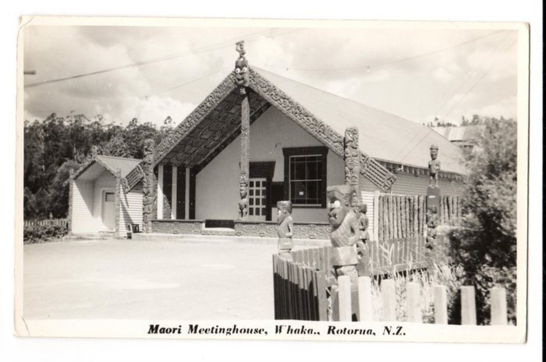 Real Photograph by N S Seaward of Maori Meetinghouse Rotorua. - 246116 - Postcard image 0