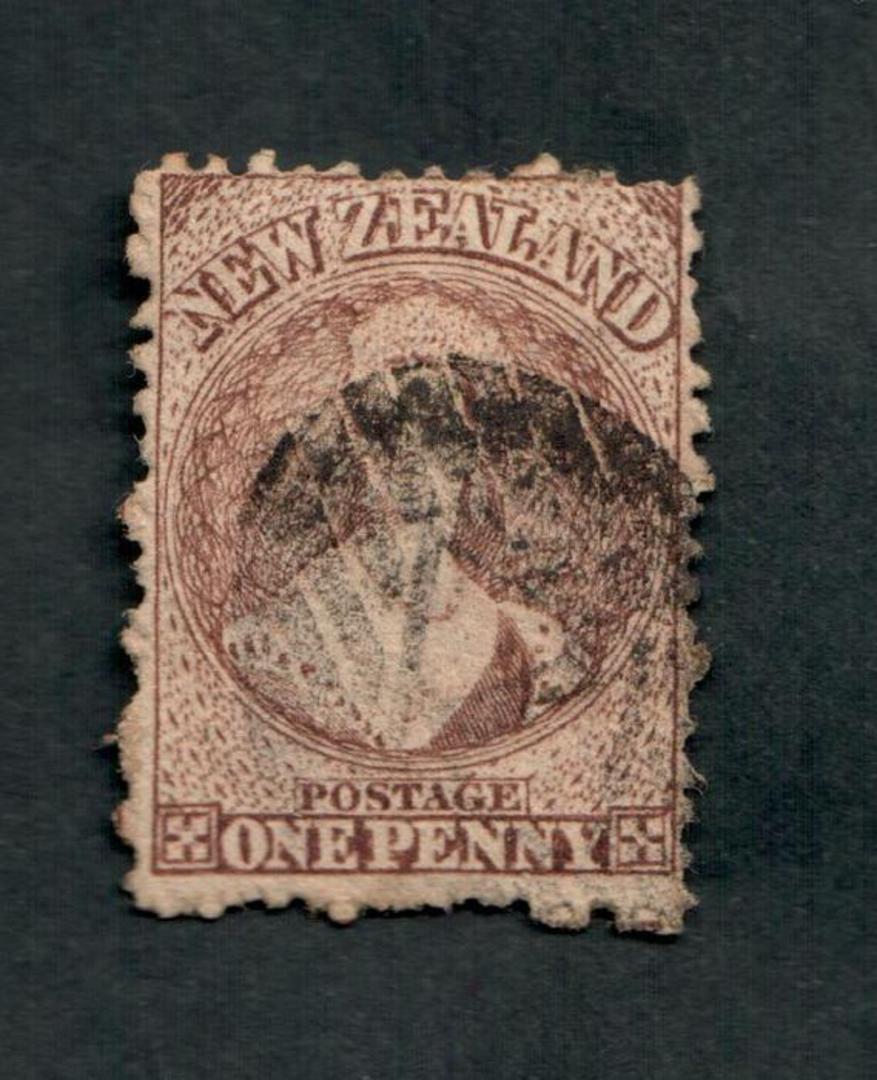 NEW ZEALAND 1862 Full Face Queen 1d Brown. Perf 12½. Watermark Large Star. Intermediate plate wear. Postmark detracts. Cat val b image 0