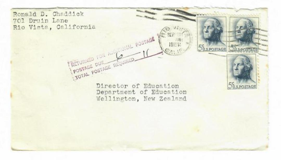 USA 1964 Cover to New Zealand. Cachet "Returned for Additional Postage". image 0