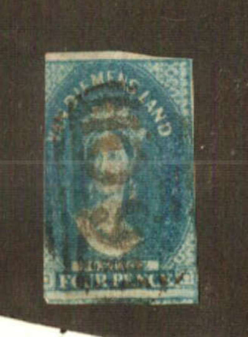 TASMANIA 1857 Victoria 1st Chalon Definitive 4d Blue Imperf. Watermark Numeral 4 Inverted. Only two margins. Not listed. - 73630 image 0