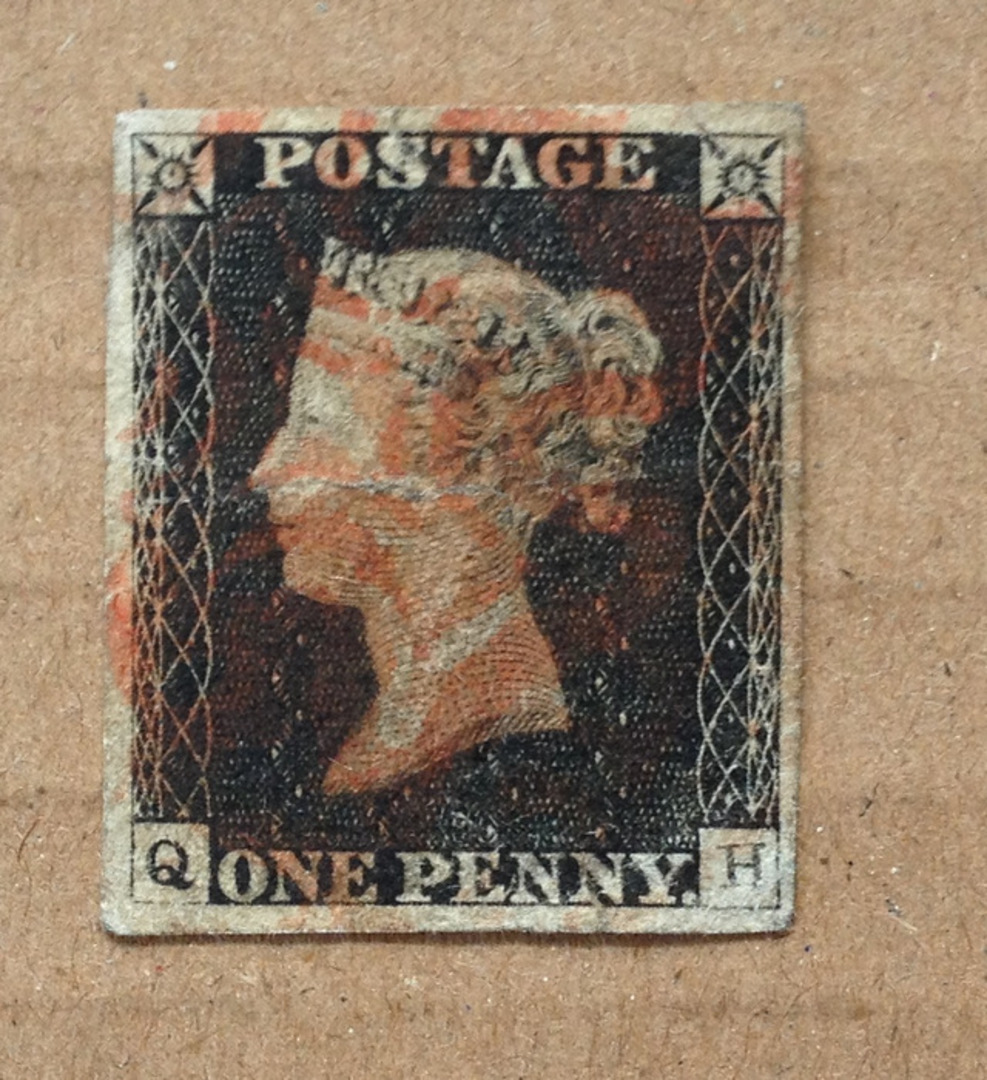 GREAT BRITAIN 1840 Victoria 1st Definitive 1d Black. Four good margins. Looks fine but spoiled by a thin. Red Maltese Cross canc image 0