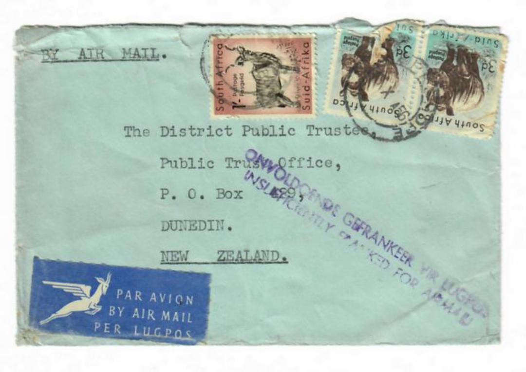 SOUTH AFRICA 1956 Airmail Cover to New Zealand with Cachet " Onvoldoende Gefrankeer vir Lugpost Insufficiently Franked for Airma image 0