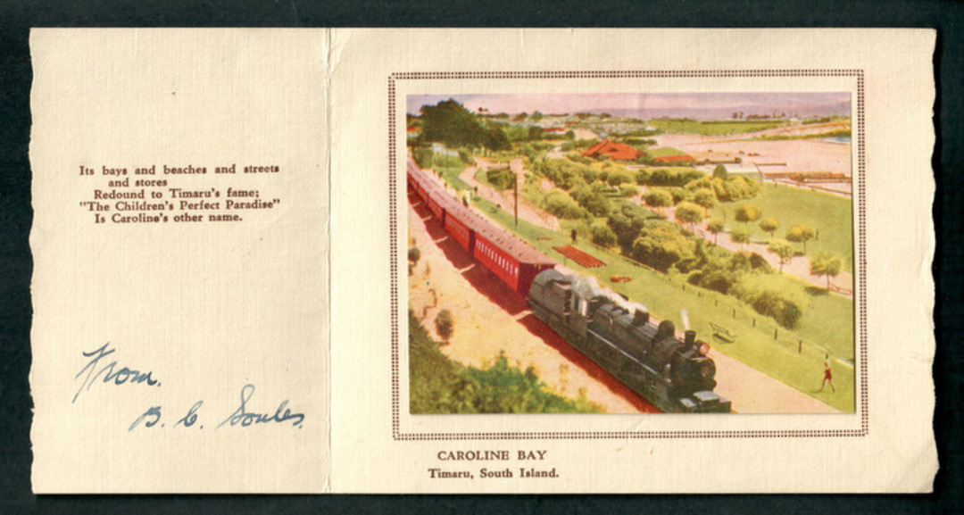 Sincere Greetings. Includes Coloured Picture of Caroline Bay with Train. - 48562 - Postcard image 0