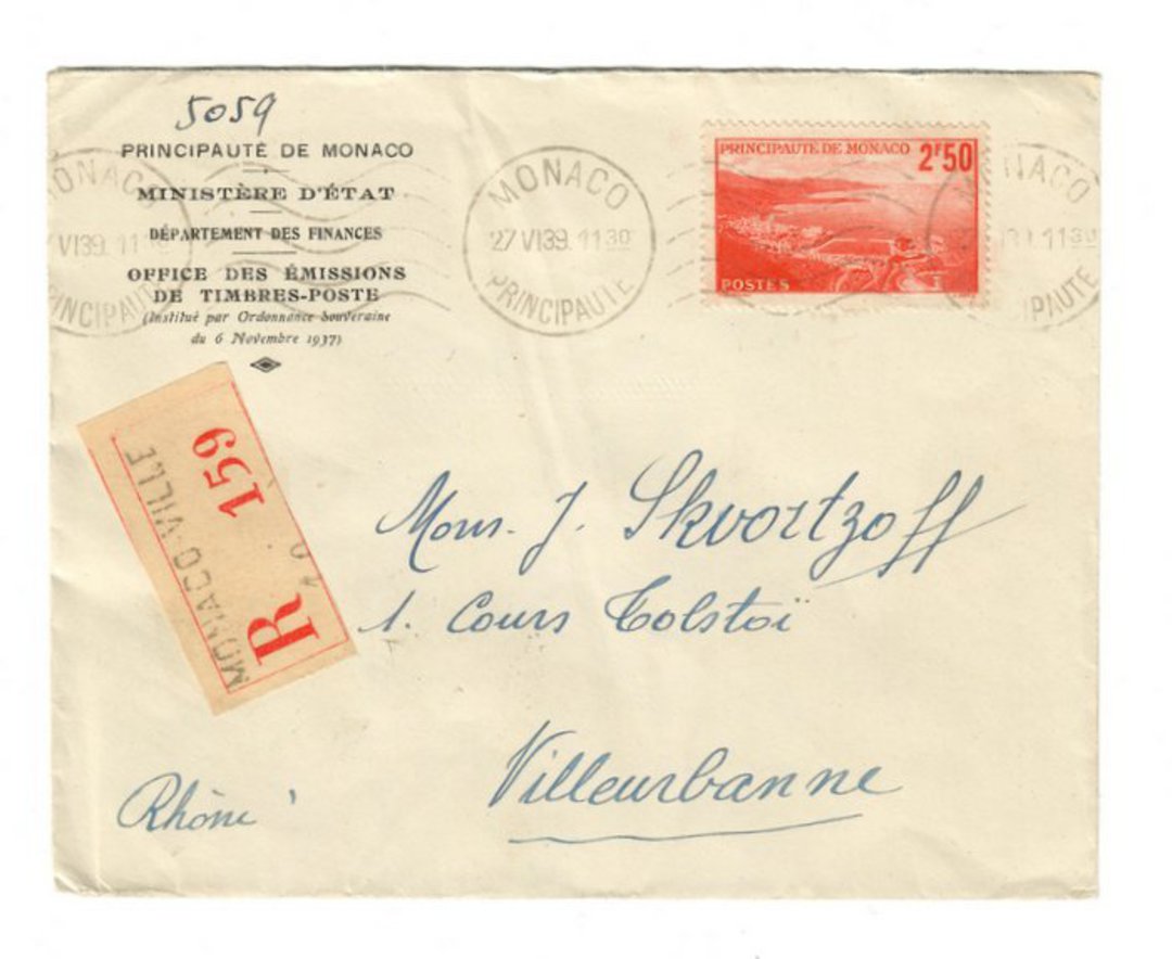 MONACO 1939 Official Registered Letter from Monaco-Ville to France. Use of SG 187 cv £30. Backstamp Lyon Gare. image 0