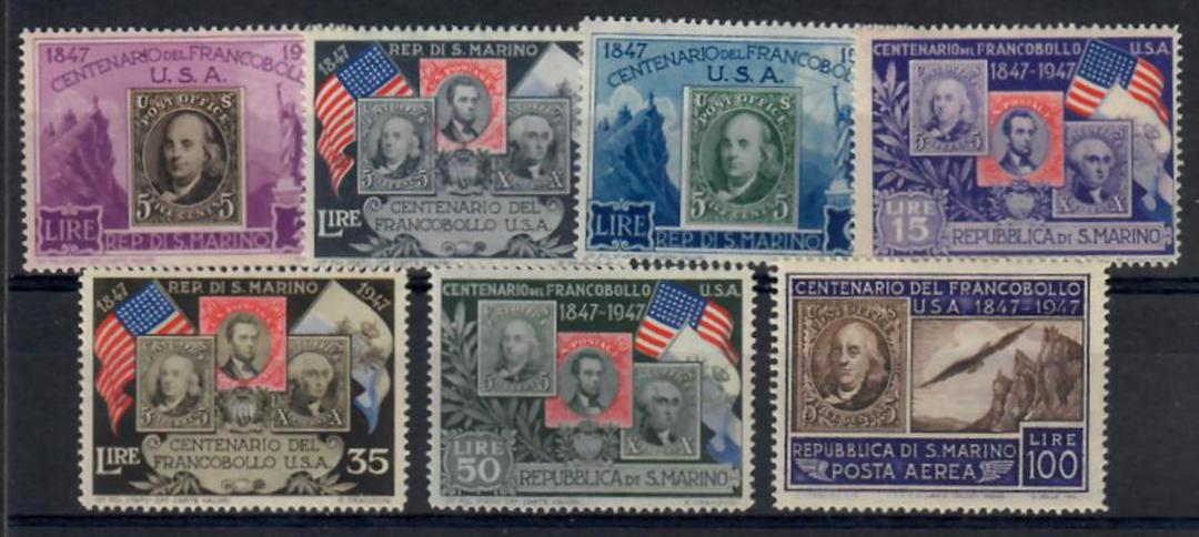 SAN MARINO 1947 Centenary of the first USA stamp. Set of 7. (The high value is unhinged). - 25484 - Mint image 0