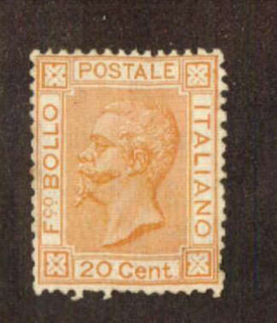 ITALY 1877 20c orange-buff. Very well-centred. Although there is no gum there is no sign of a possible  removed cancel. One ragg image 0