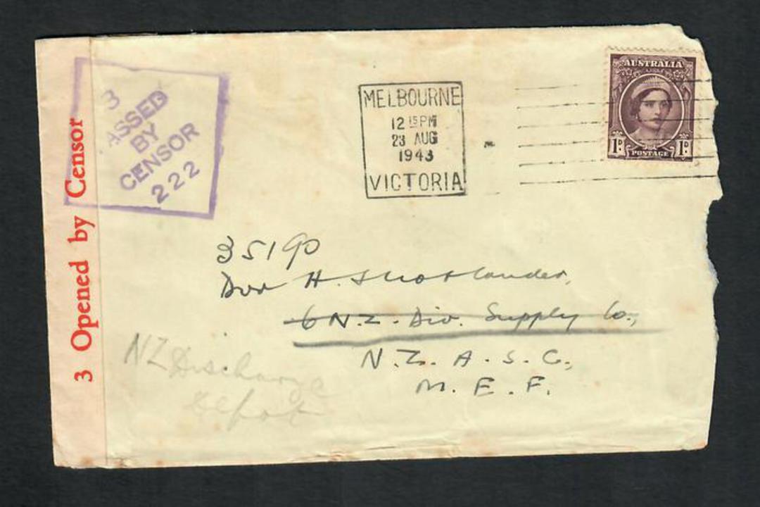 AUSTRALIA 1943 Letter from Australia to NZ Div Supply Co NZASC MEF.  Passed by Censor 222. Reseal Label "Opened by Censor". - 32 image 0