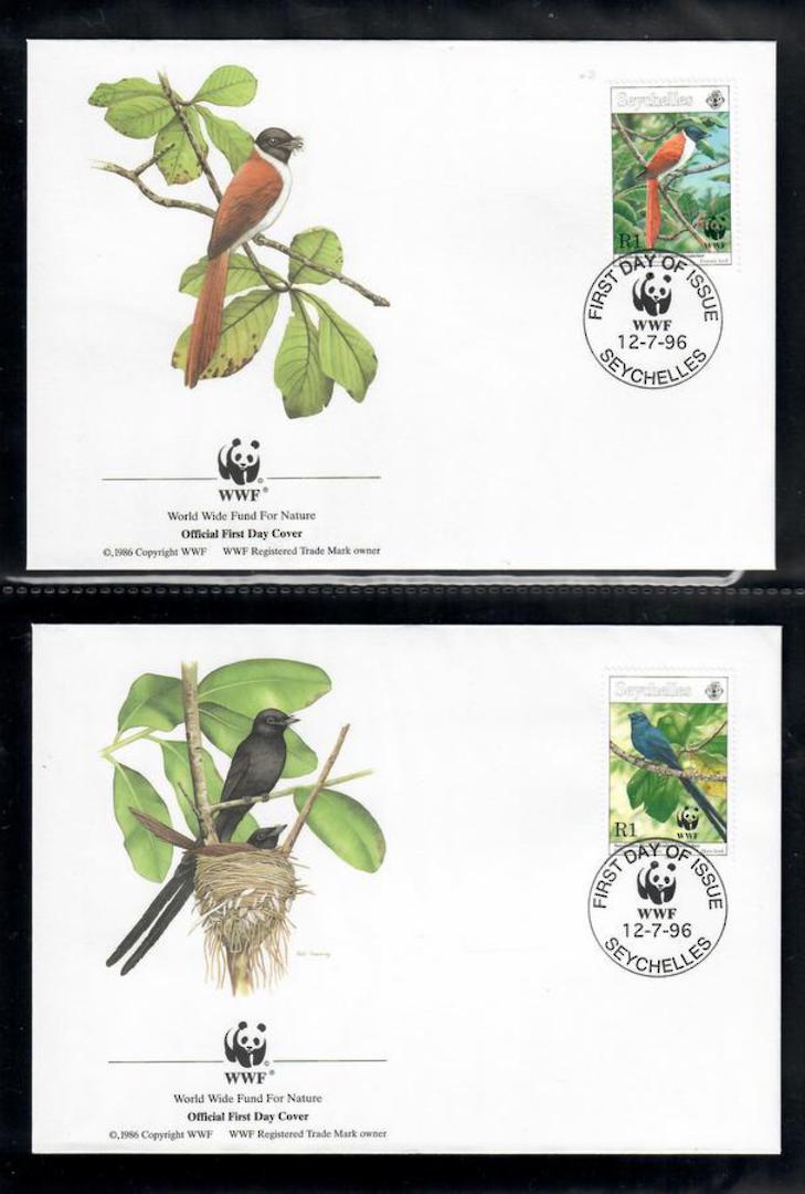 SEYCHELLES 1996 World Wildlife Fund. Paradise Flycatcher. Set of 4 in mint never hinged and on first day covers with 6 pages of image 2