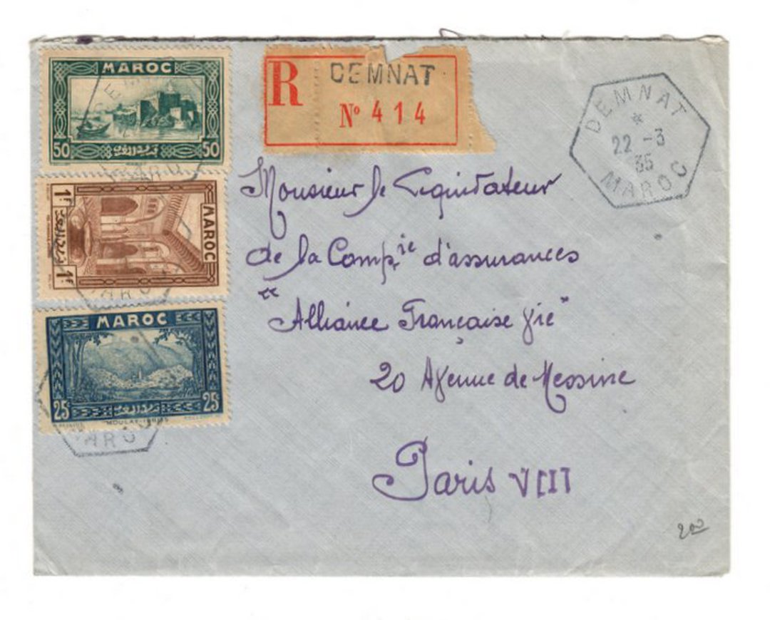 FRENCH MOROCCO 1935 Registered Letter from Demnat to Paris. - 37732 - PostalHist image 0