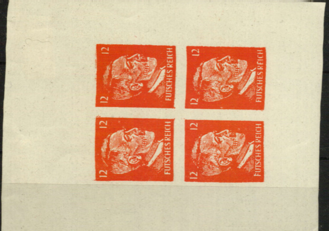 GERMANY 1941 Definitive Hitler 12pf Scarlet-Vermilion. Block of 4 Imperf. Futches Reich. Hitler with Scar. British War Propagand image 0