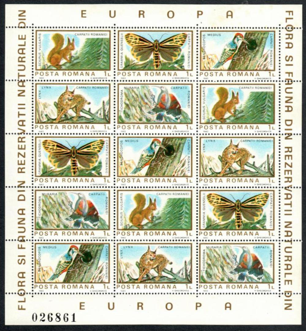 ROMANIA 1983 European Flora and Fauna. Set of 10 in the issued sheetlet. 3 sets. - 52825 - UHM image 1