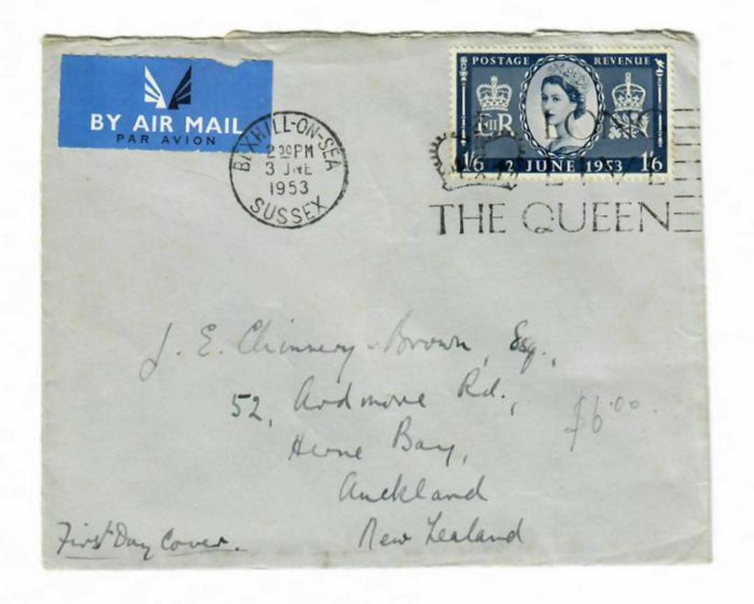 GREAT BRITAIN 1953 Airmail Cover to New Zealand with Coronaton 1/6 and Coronation Slogan Cancel. - 30304 - PostalHist image 0