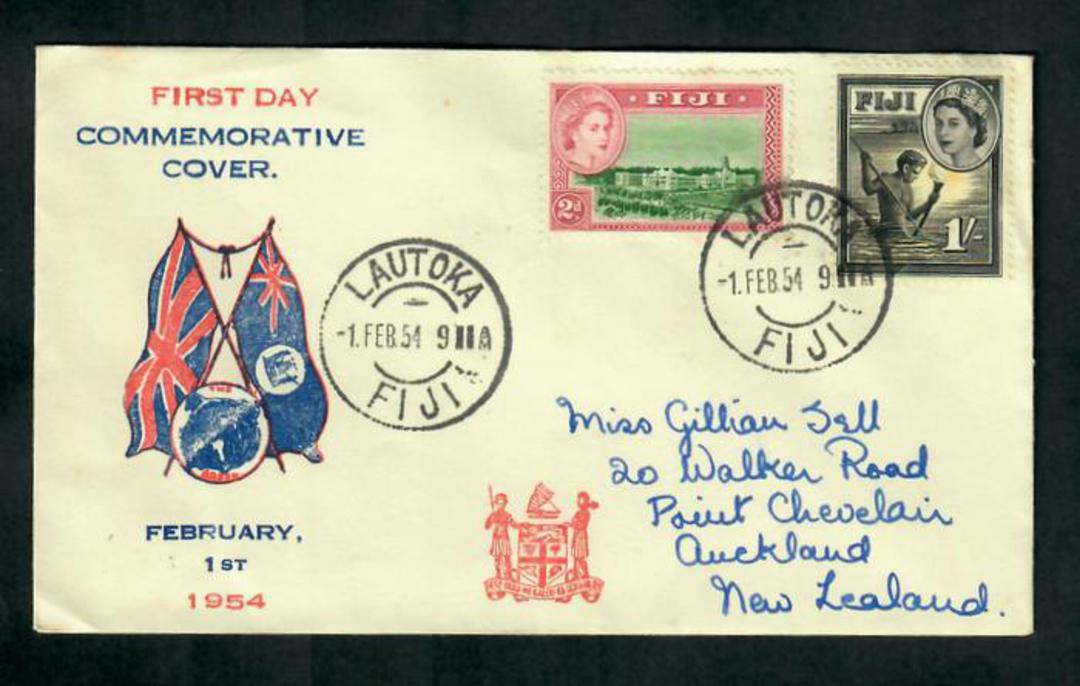 FIJI 1954 Elizabeth 2nd Definitives 2d and 1/- on first day cover dated 1/2/1954. - 31620 - FDC image 0