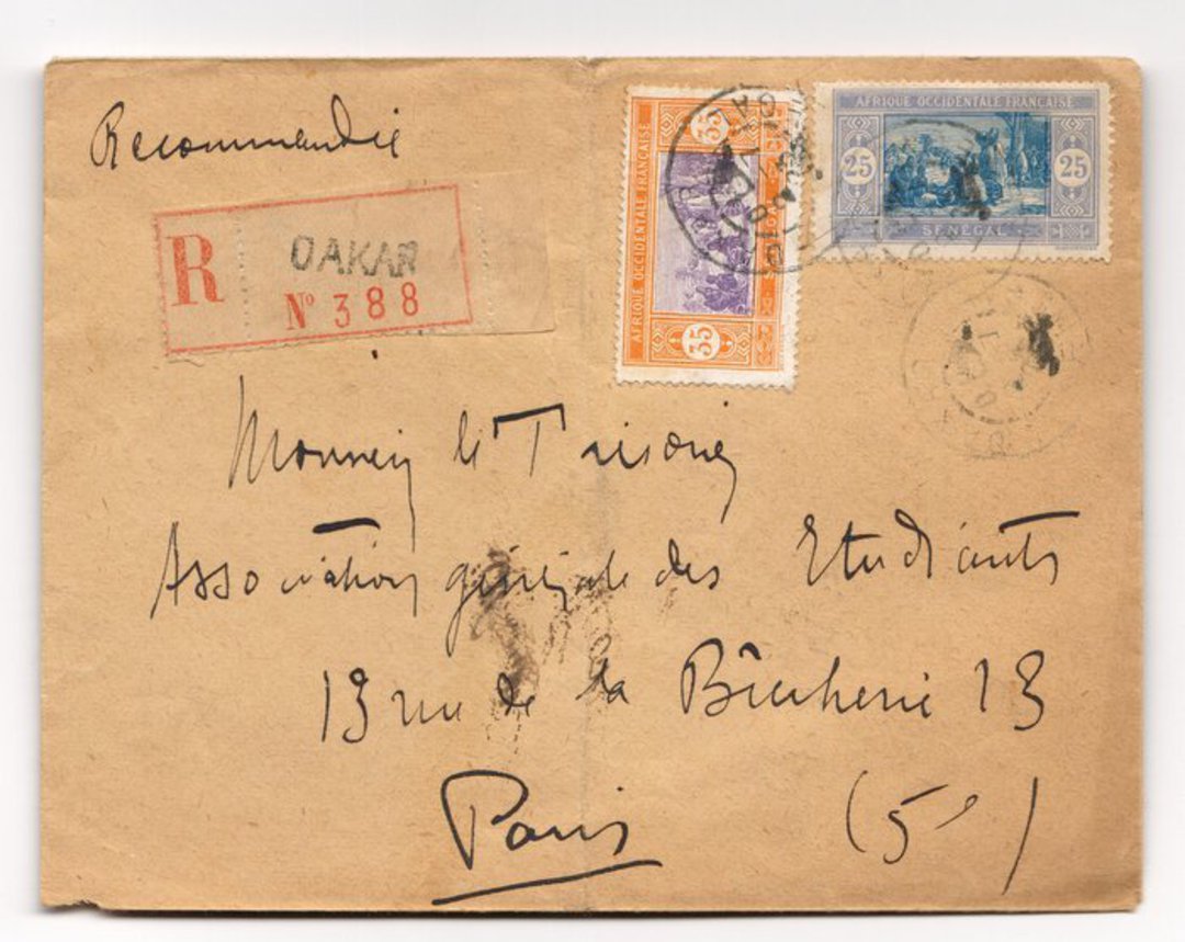SENEGAL 1923 Registered Letter from Dakar to Paris. Fold. - 38199 - PostalHist image 0