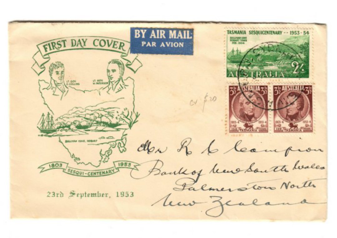AUSTRALIA 1953 150th Anniversary of the Settlement of Tasmania. Set of 3 on illustrated first day cover. - 38284 - FDC image 0