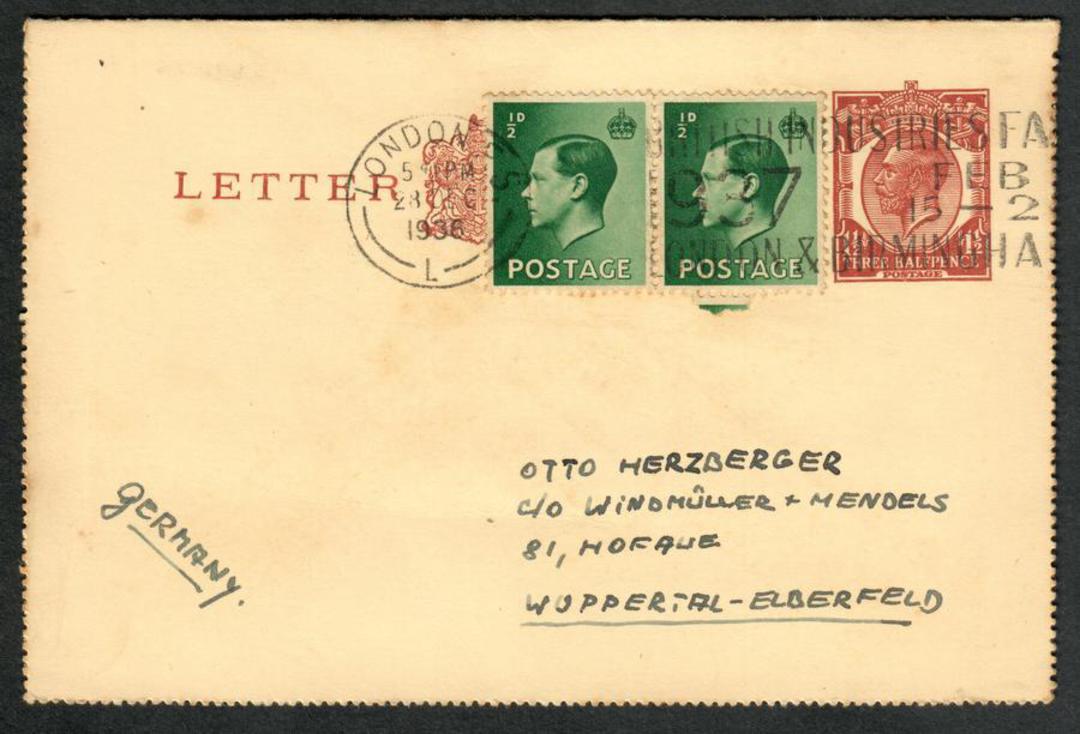 GREAT BRITAIN 1935 Lettercard ( Geo 5th) from London to Germany. Two ½d Edward 8th added postage. - 30366 - PostalHist image 0