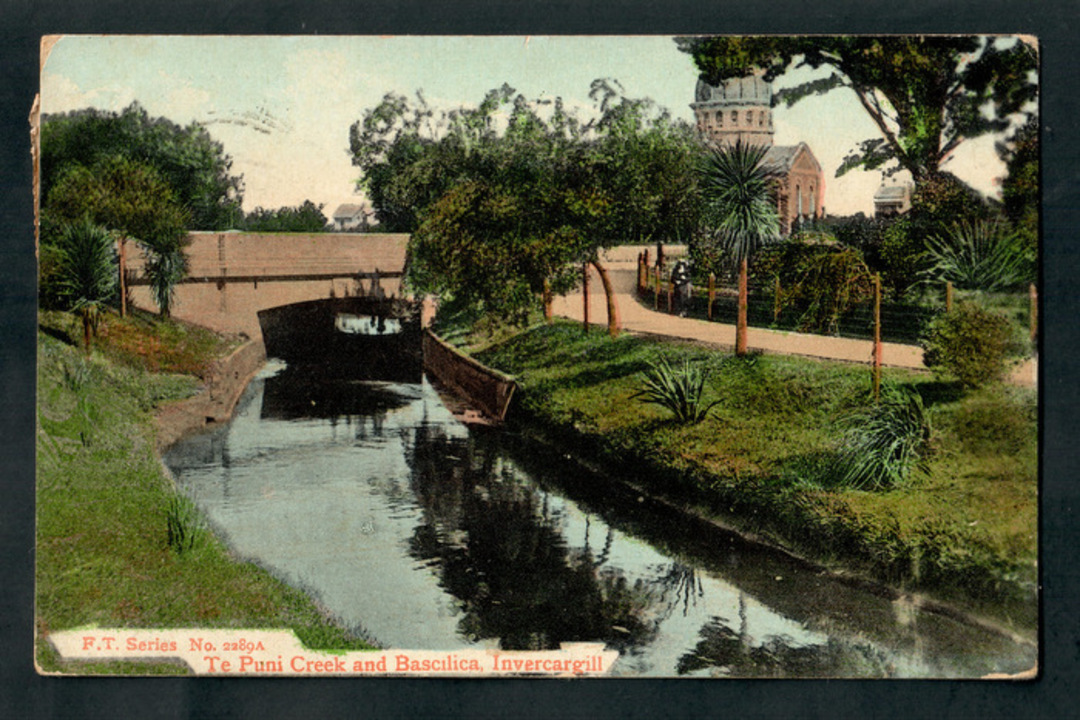 Coloured Postcard of Te Puni Creek and Basilica Invercargill. - 249323 - Postcard image 0