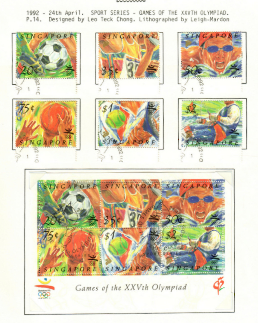 SINGAPORE 1992 Olympics. Set of 6 and miniature sheet. - 59612 - VFU image 0