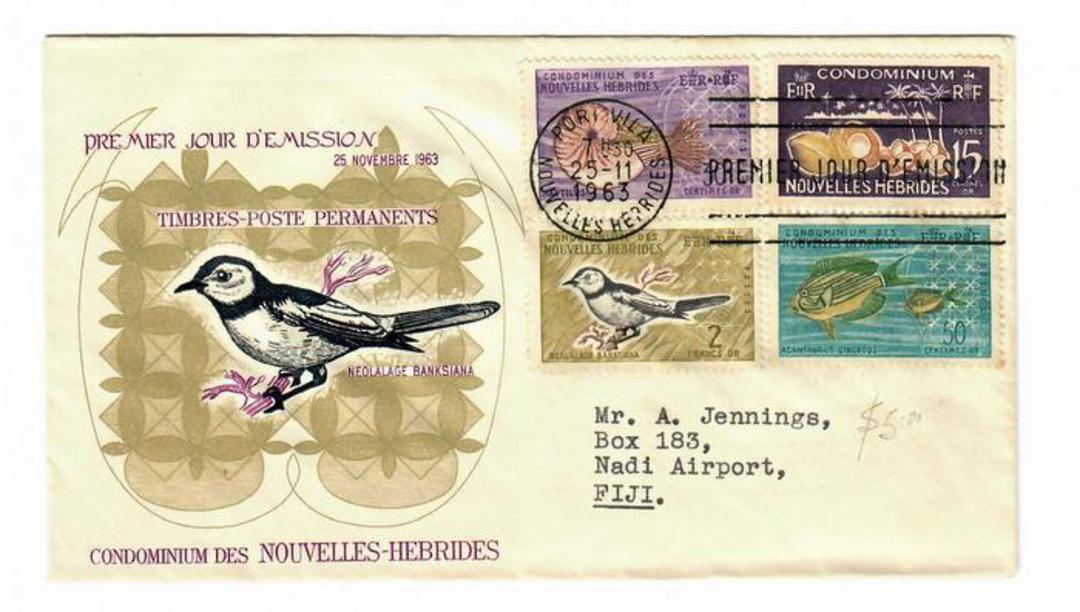 NOUVELLES HEBRIDES 1963 Definitives. Four valurs on first day cover. The recipient or his son was an All Black. - 32137 - FDC image 0