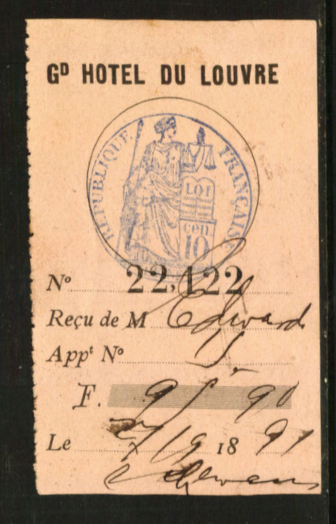 FRANCE 1897 Receipt from Le Gd Hotel Du Louvre. - 76139 - Fiscal image 0