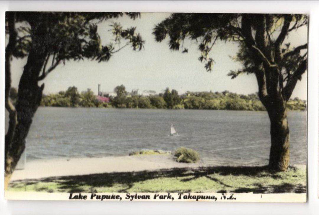Tinted Postcard by N S Seaward of Lake Pupuke Takapuna. - 45076 - Postcard image 0