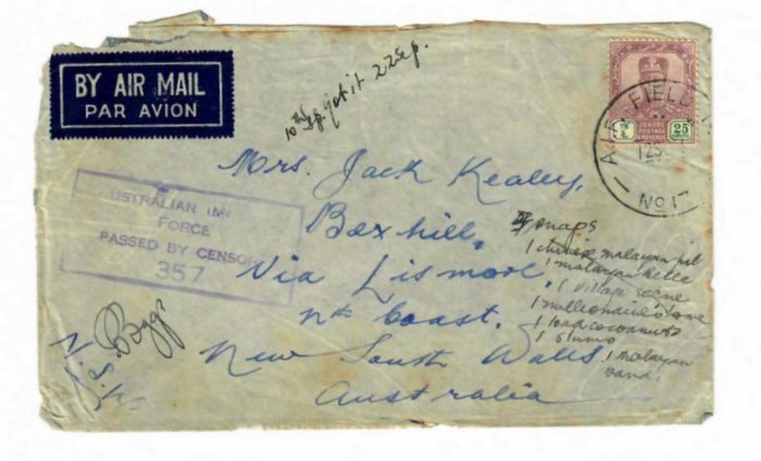 AUSTRALIA 1941 Cover from Johore. Passed by Censor Australian Imperial Force 357. - 30279 - PostalHist image 0