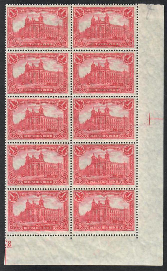 GERMANY 1905 Definitive 1m Bright Rose-Red. Right lower Block of 10. Excellent condition. Watermark Lozenges. Perf 14½x14 (25x17 image 0