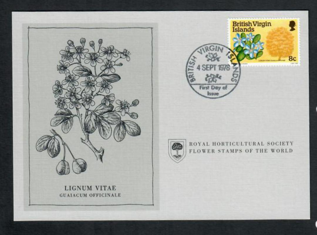 BRITISH VIRGIN ISLANDS 1978 Royal Horticultural Society. Flower Stamps of the World. Lignum Vitae on first day card. The connect image 0