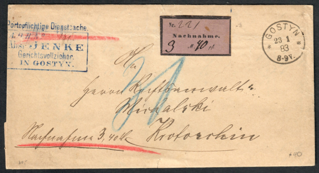 GERMANY 1883 Entire from Gostyn to Krotoschin. No stamp. Postmark GOSTYN 23/1/83 and receiving mark 24/1/83 on the reverse. Cach image 0