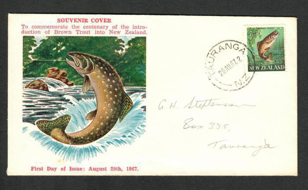 NEW ZEALAND 1967 Definitive 7½c Brown Trout on illustrated first day cover. - 34765 - FDC image 0