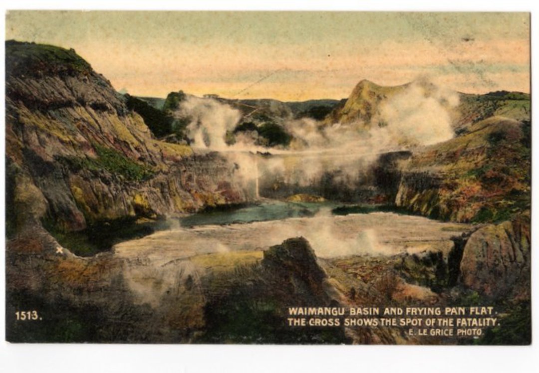 Coloured postcard of Waimangu Basin and Frying Pan Flat. The Cross shows the spot of the fatality. - 245923 - Postcard image 0