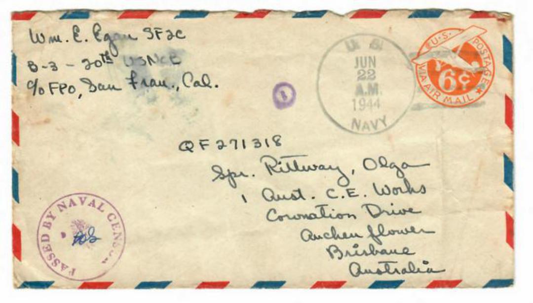 USA 1944 Airmail Letter to Australia. Postmark US Navy. Passed by Naval Censor. image 0