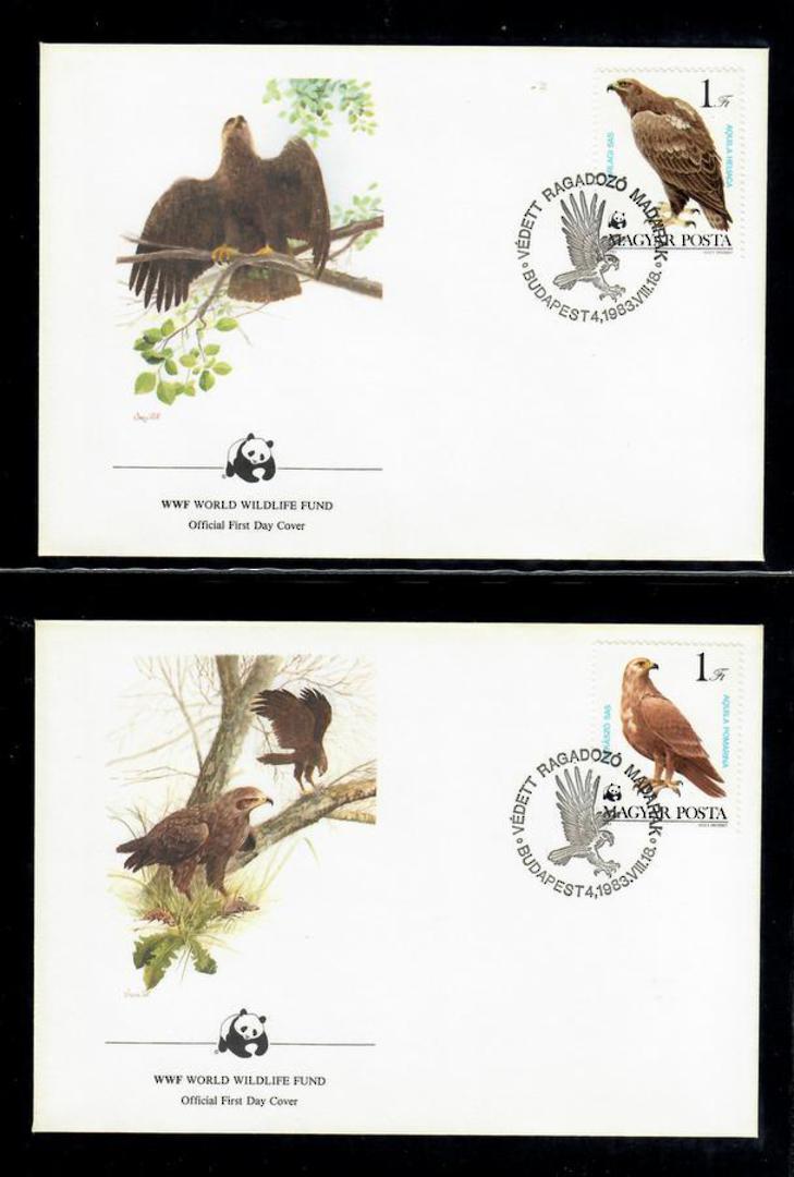 HUNGARY 1983 World Wildlife Fund. Birds of Prey. First series. Set of 4 in mint never hinged and on first day covers with 6 page image 1