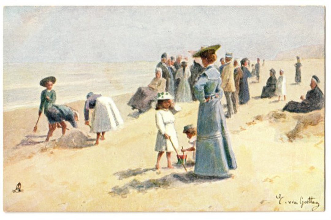 Delightful Art Card by Tuck. After the original drawing by E van Goethan. The Joys of the Sands. - 43786 - Postcard image 0