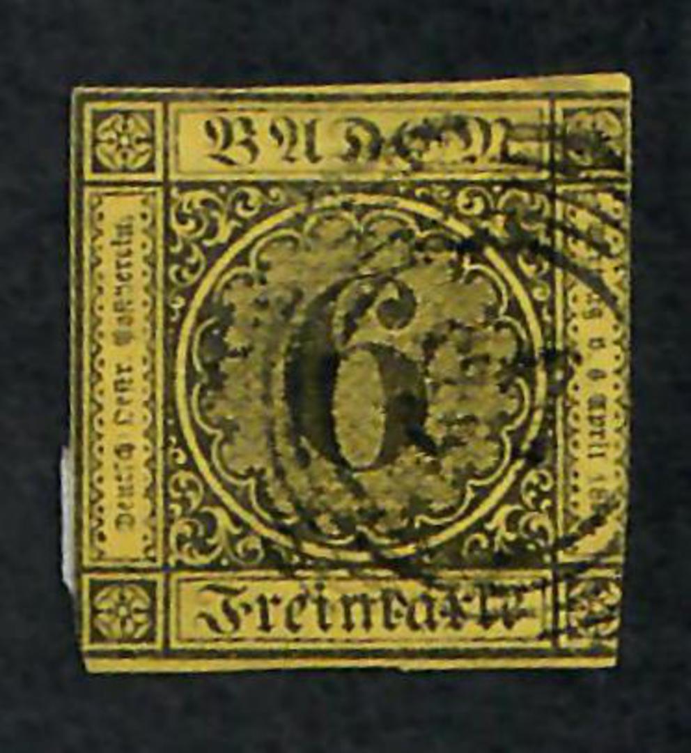BADEN 1853 Definitive 6k on Orange. Three good margins. Cut straight down the line of the fourth. - 75448 - Used image 0