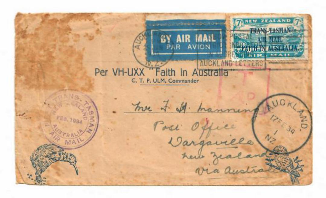 NEW ZEALAND 1934 Flight Cover with Postage Dues on the reverse. Red cachet T4d on the front. Very grubby but unusual. - 30803 - image 0