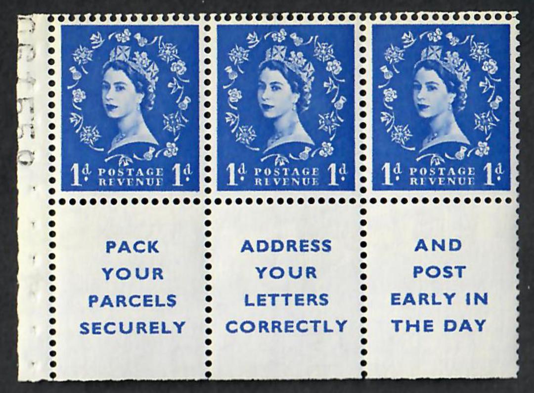 GREAT BRITAIN 1955 Elizabeth 2nd Definitive 1d Blue Booklet Pane with Labels. - 23210 - UHM image 0