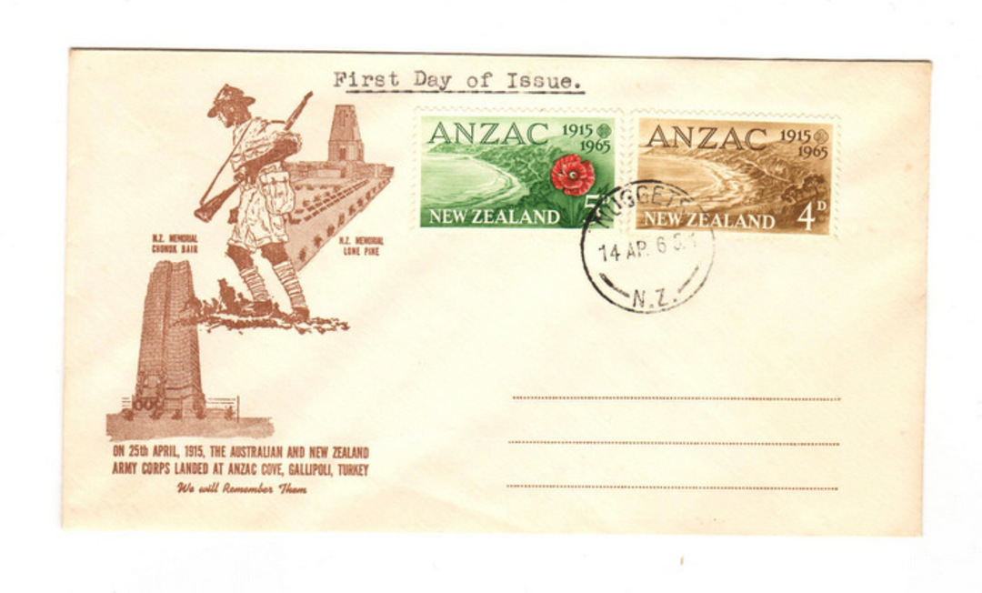 NEW ZEALAND Postmark Dunedin  NUGGETS on 1965 Anzac first day cover. As Nuggets was a telegraph office the postmark was obtained image 0