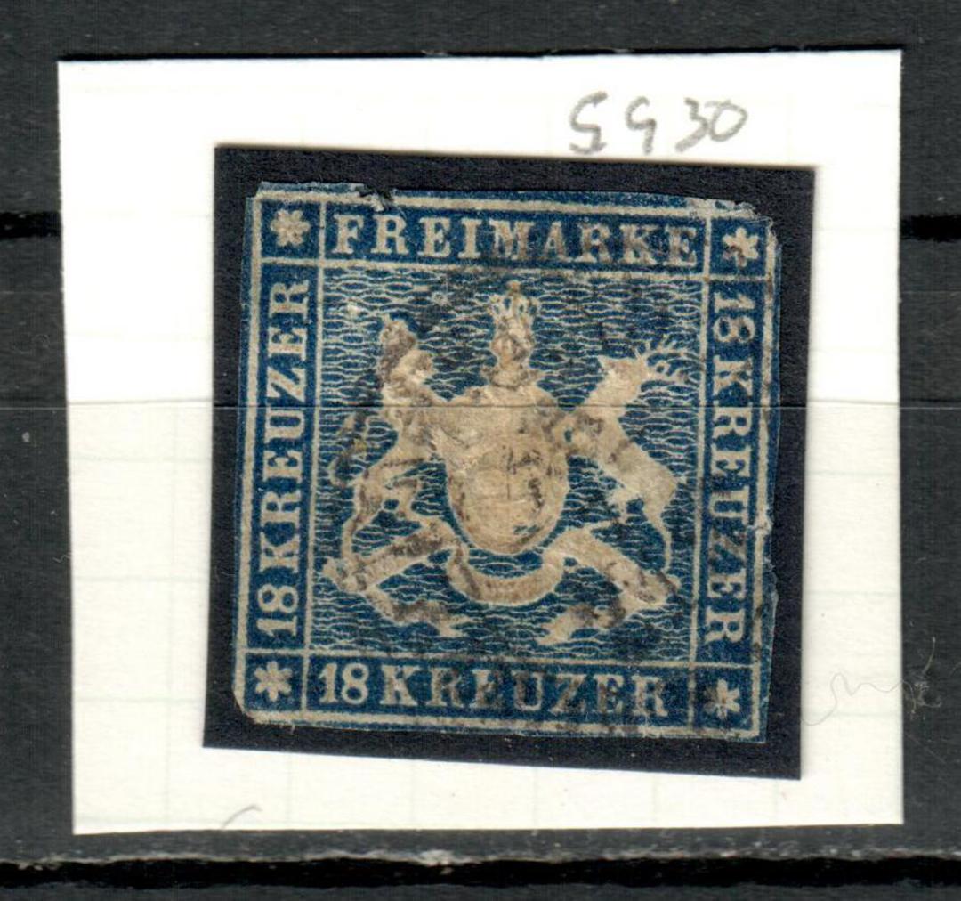WURTEMBURG 1859 Definitive 18k Deep Blue.  Without silk thread. From the collection of H Pies-Lintz. One bad corner. - 9456 - GU image 0