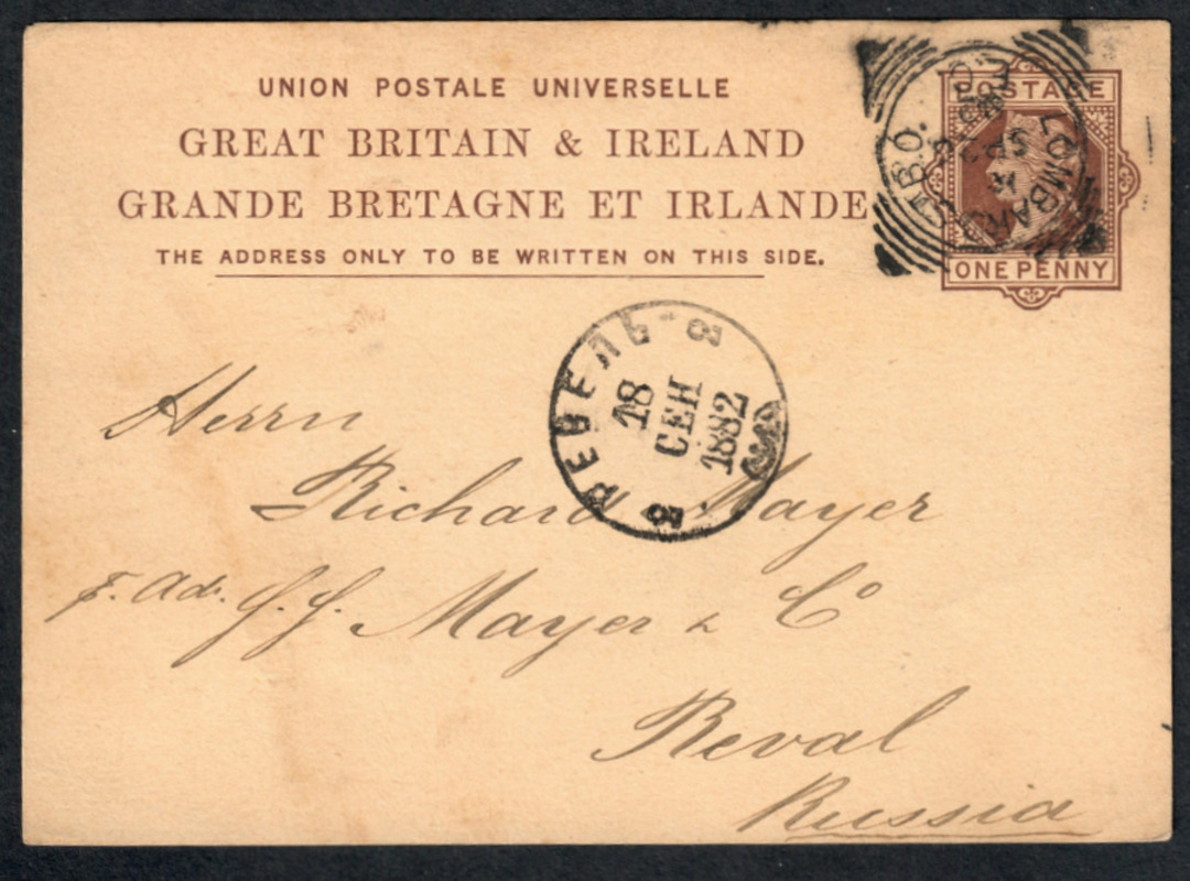 GREAT BRITAIN  1882 Postcard from Lombard Street to Russia. Nice Russian receiving mark on the reverse. - 37115 - PostalHist image 0