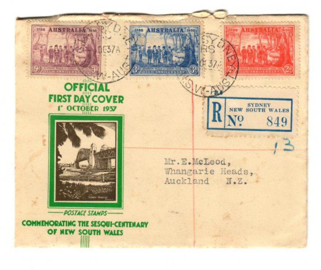 AUSTRALIA 1936 150th Anniversary of the Founding of New South Wales. Set of 3 on first day cover. Damage at top and cut down the image 0