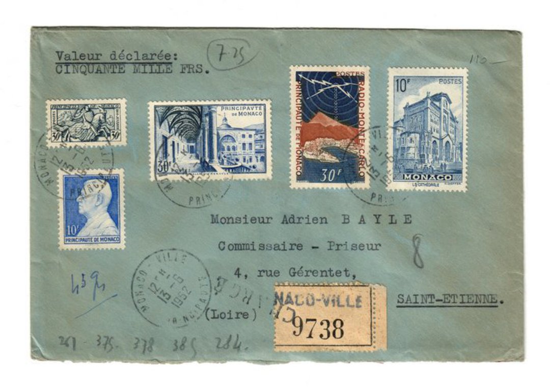 MONACO 1952 Registered Letter from Monaco-Ville to St-Etienne. From a stamp dealer. Wax seals on the reverse. image 0
