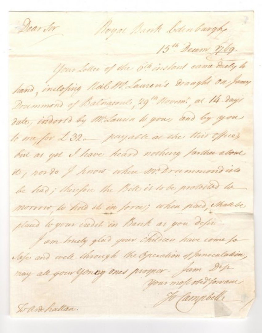 GREAT BRITAIN 1769 Letter from John Campbell of the Royal Bank Edinburgh. No postl markings. - 19584 - PostalHist image 0