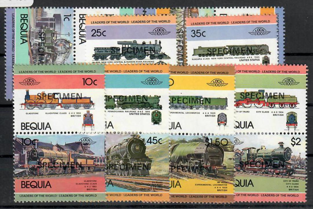 BEQUIA 1984 Leaders of the World, Locomotives. Set of 16 in joined pairs. Overprinted SPECIMEN. - 23023 - UHM image 0