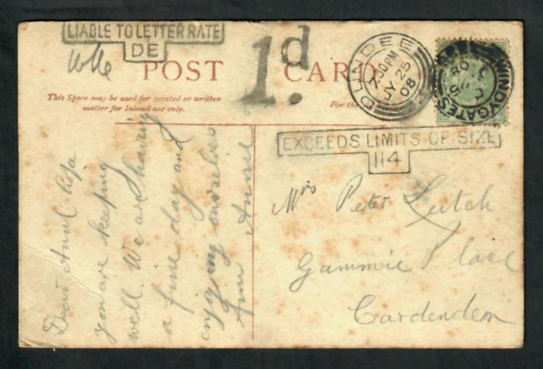 GREAT BRITAIN 1908 Postcard mailed within England. Interesting cachets Liable to Letter Rate DE. Exceeds Limits of Size H4. 1d. image 0