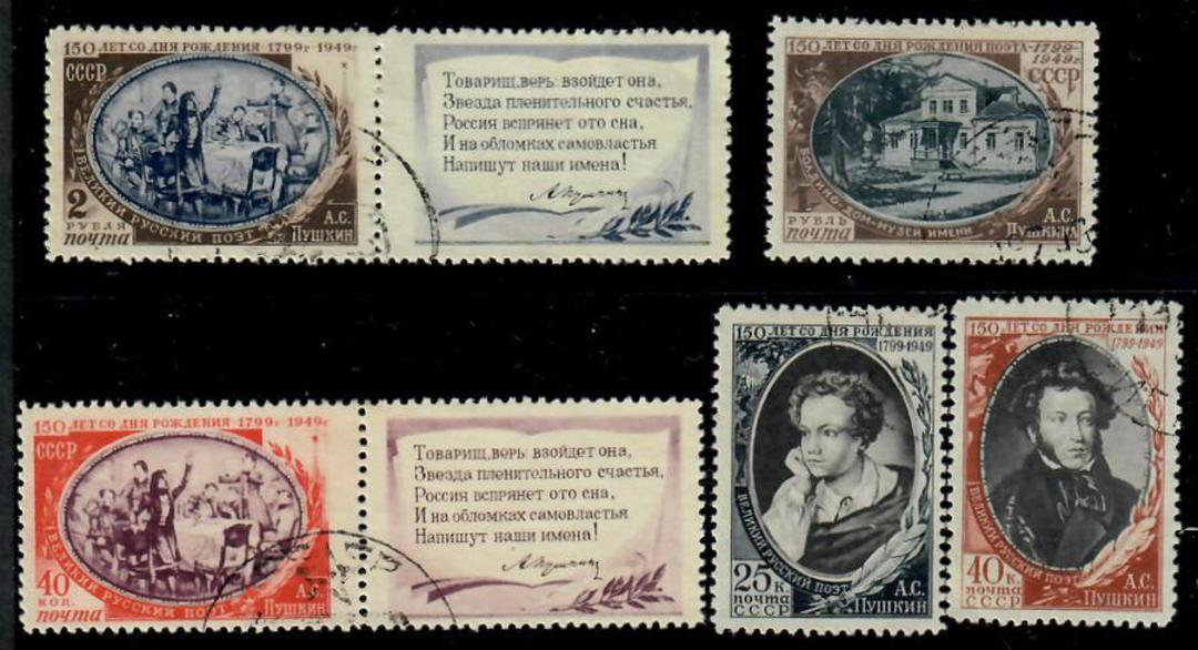RUSSIA 1949 150th Anniversary of the Birth of Puskin. Set of 5 with the two labels as listed. - 23837 - VFU image 0