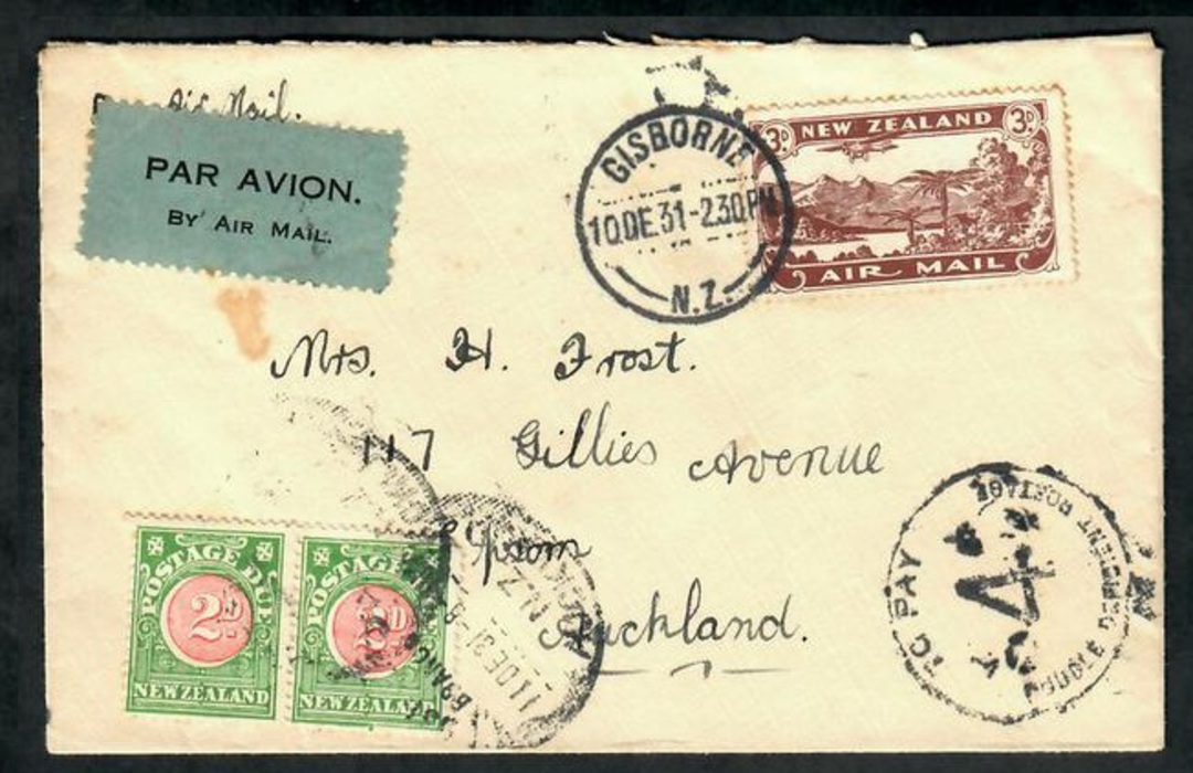 NEW ZEALAND 1931 Flight cover from Gisborne to Auckland 10/12/31. Backstamped Auckland 10/12/31. Cachet TO PAY DOUBLE DEFICIENT image 0